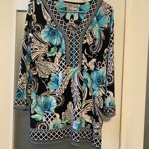 JM Collection Black and Blue Graphic 3/4 Sleeve Blouse